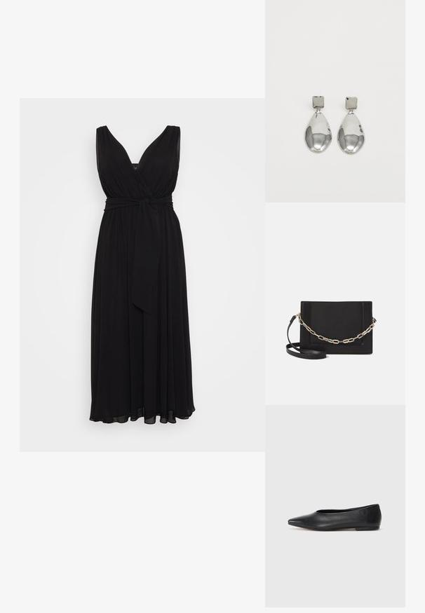 Rochie maxi neagră, fără mâneci, cu decolteu adânc în V, talie strânsă și curea legată. Fabricată dintr-un material fluid, cu o textură moale.; Balerini din piele neagră, vârf ascuțit, design minimalist, textură netedă, toc de mică înălțime, fără hardware sau embellishments vizibile.; Geantă de umăr din piele neagră, cu o textură netedă, formă rectangulară și un detaliu din lanț metalic în față. Include curea reglabilă.; Cercei din argint cu stud pătrat, având un finisaj neted și lustruit, într-o formă de lacrimă, care reflectă lumina cu o suprafață lucioasă.