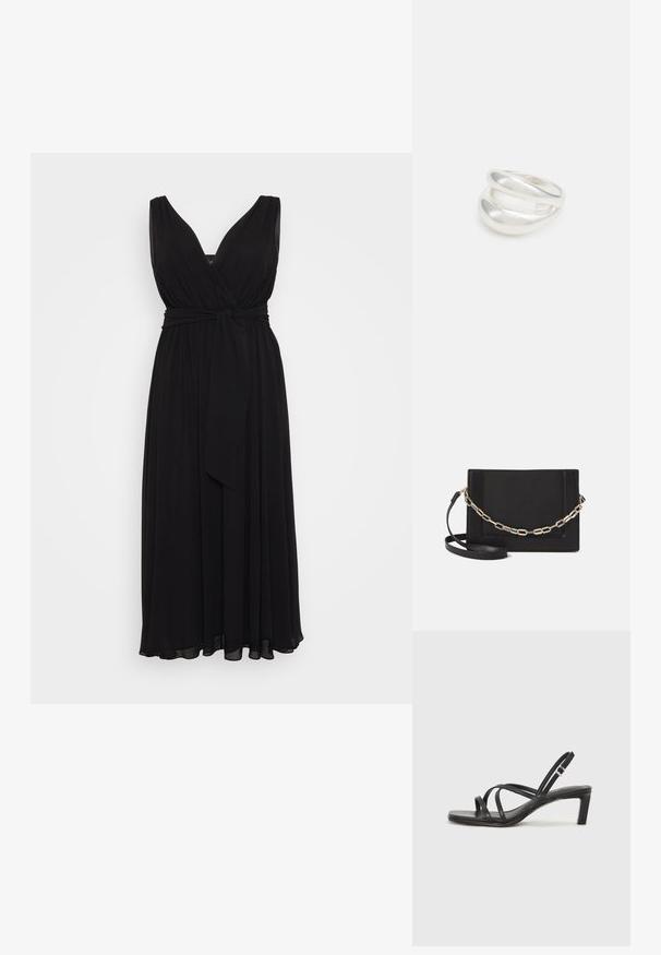 Mustat, hihattomat maksihaalarit syvällä V-pääntiellä, poimutetulla vyötäröllä ja sidottavalla vyöllä. Valmistettu valuvasta kankaasta, jossa on pehmeä tekstuuri.; Mustat hihnalligat, joissa on neliön muotoinen kärki ja matala lohkokorko. Ominaisuuksiin kuuluu useita ohuita hihnoja ja säädettävä nilkkahihna. Valmistettu sileästä nahasta.; Musta nahkainen olkalaukku, jossa on sileä pinta, suorakulmainen muoto ja metalliketju yksityiskohtana edessä. Mukana säädettävä hihna.; Hopeinen kaksinkertainen rengas, jossa on sileä, kiillotettu pinta. Siinä on sulava, kaareva muotoilu, jossa on päällekkäisiä osia modernin ilmeen saavuttamiseksi.