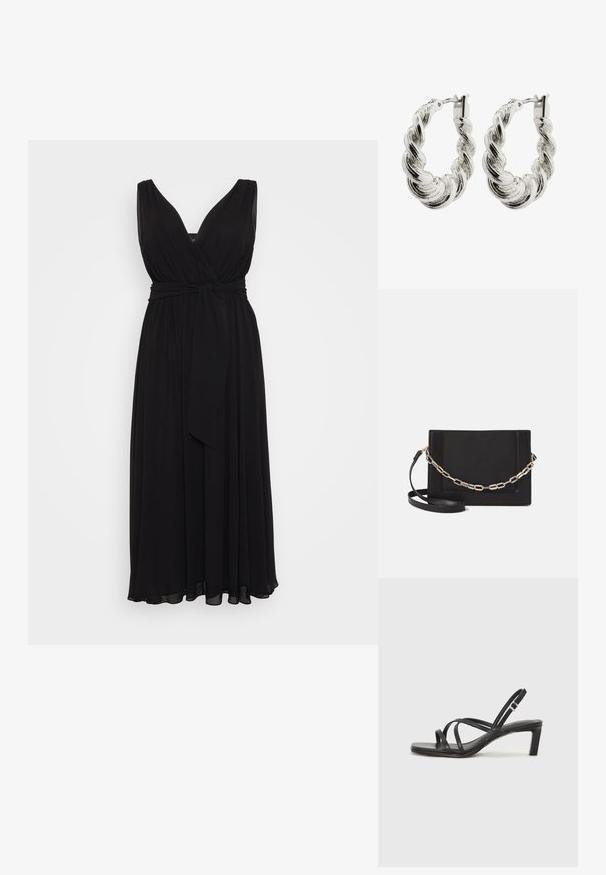 Fekete, ujjatlan maxi ruha mély V-kivágással, összegyűrt derékkal és megkötős övvel. Laza, puha tapintású anyagból készült.; Fekete pántos szandál négyzetes orral és alacsony blokk sarkal. Több vékony pánttal és állítható boka pánttal rendelkezik. Sima bőrből készült.; Fekete bőr keresztpántos táska, sima textúrával, téglalap alakú és fém lánc részlettel az elején. Állítható pánttal ellátva.; Csavarodott ezüst karika fülbevalók fényes felülettel, fonott textúrával és biztonságos kapcsos záródással.