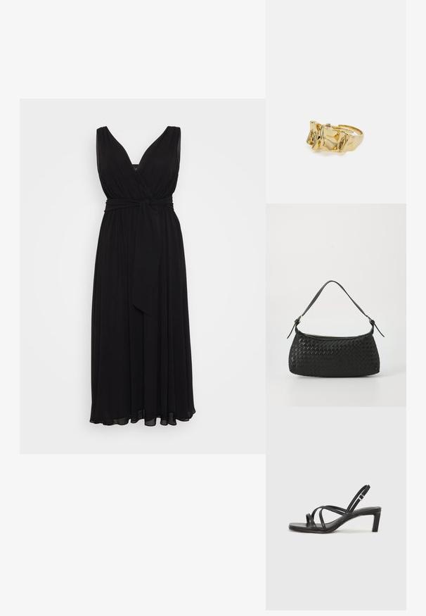 Crna maksimalna haljina bez rukava s dubokim V-izrezom, naboranim strukom i kravatom oko struka. Napravljena od lagane tkanine s mekanom teksturom.; Crne sandale s trakama, kvadratnim prstom i niskom blok petom. Ima više tankih trakica i podesivu trakicu oko gležnja. Izrađene su od glatke kože.; Crna torba preko ramena od tkanine s glatkim kožnim remenom i zatvaranjem na patentni zatvarač. Ima teksturiranu površinu i zakrivljen oblik.; Zlatni prsten s teksturiranim, valovitim dizajnom koji ima tri istaknuta vrha. Glatka, sjajna površina s otvorenom trakom za podešavanje veličine.