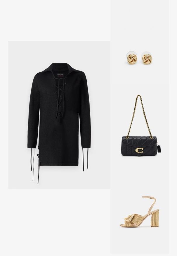 Mustmust pikkade varrukatega särk, millel on nööbitav esiosa, krae, külgslitsid lipsudega ja tekstureeritud materjal.; Kuldsete kontsadega sandaalid, mille esiosas on sõlm, pleatitud tekstuur ja pahkluu rihm. Tootel on plokknokk, millel on sooneline disain, mis parandab haarduvust.; Must mustriga käekott kuldse ketirihmaga, millel on silmapaistev kuldne klamber ja väike silt, esitleb tekstuurt nahka.; Kuldse tooni sõlm kõrvarõngad, millel on keeratud disain. Igal kõrvarõngal on ringikujuline läbipaistev tagaosa, mis tagab kindla kandmise.