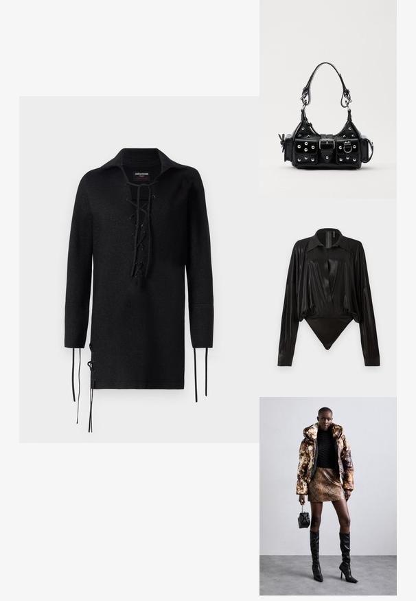 Black long-sleeve shirt with a lace-up front, featuring a collar, side slits with ties, and a textured material.; Black bodysuit with long sleeves, V-neck, and a fitted silhouette. Made of shiny, smooth fabric with a structured collar and cuffs.; Puffer jacket with a brown and black pattern, paired with a brown snake print mini skirt, black knee-high boots, and a small black bag.; Black leather handbag with a curved design, featuring silver studs, a buckle, and two side pockets. Adjustable strap for carrying options.