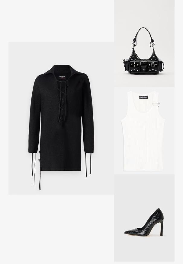 Schwarzes Langarmshirt mit Schnürung vorne, mit Kragen, seitlichen Schlitzen mit Bindebändern und strukturiertem Material.; Weißes geripptes Tanktop mit rundem Ausschnitt und metallischem Akzent an der Schulter. Weiche Textur, figurbetontes Design und ärmelloser Stil.; Schwarzer, spitz zulaufender High Heel mit Krokodilleder-Struktur, elegantem Design, hohem Stiletto-Absatz und glattem schwarzen Innenraum.; Schwarze Lederhandtasche mit einem geschwungenen Design, verziert mit silbernen Nieten, einer Schnalle und zwei seitlichen Taschen. Verstellbarer Träger für verschiedene Tragemöglichkeiten.