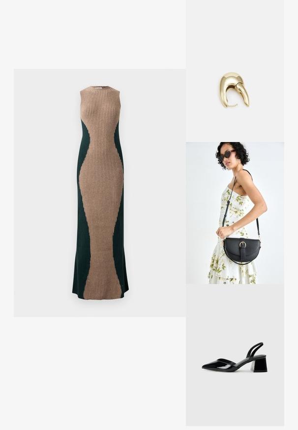 Abito lungo senza maniche in maglia a costine, con pannello centrale beige e pannelli laterali verde scuro che creano una silhouette a clessidra.; Décolleté in vernice nera con punta affusolata e tacco in geometria cubica. Presentano un design elegante e minimalista, con una texture liscia.; Borsa a tracolla nera in pelle con una forma curva, manico rimovibile e accessori dorati. La borsa presenta una patta con un dettaglio a fibbia.; Orecchino in metallo color oro con un design elegante e curvo. Presenta una forma appuntita distintiva, superficie lucida e chiusura a cerniera.