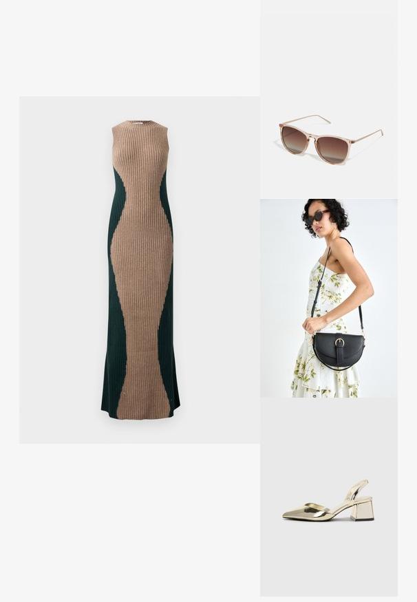 Bez piedurknēm, ribota adījuma maxi kleita ar brūnu centrālo paneli un tumši zaļiem sānu paneļiem, veidojot smilšu pulksteņa siluetu.; Zeltaini, metāla kurpes ar siksniņām, norakans purngalis un masīla papēdis. Gluda tekstūra, minimālisma dizains un šaura siksna.; Brūna gradienta saulesbrilles ar caurspīdīgu rozā rāmi, kvadrātveida forma un plānas metāla kājas. Iespējamās noapaļotas malas un minimāls dizains.; Melnas ādas rokassoma ar izliekta formu, noņemamu siksnu un zelta aksesuāriem. Somai ir vāciņš ar sprādzes detaļu.