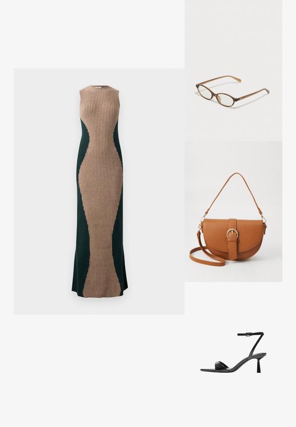 Długa sukienka bez rękawów z prążkowanej dzianiny z beżowym centralnym panelem i ciemnozielonymi bocznymi panelami, tworzącymi sylwetkę w kształcie klepsydry.; Bershka - Sandały na obcasie; Brązowe okulary w motyle z owalnymi soczewkami, cienkimi ramionami i przezroczystymi akcentami. Posiadają subtelne logo na zauszniku. Smukły, lekki design.; Brązowa skórzana torba na ramię o zaokrąglonym kształcie, ze złotymi akcentami i zapięciem w formie klamry. Posiada odpinany pasek na ramię.