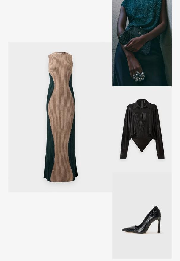Maxi šaty bez rukávů, pletené s žebrovaným vzorem, se světlým středovým panelem a tmavě zelenými postranními panely, které vytvářejí siluetu přesýpacích hodin.; Černý body s dlouhými rukávy, výstřihem do V a přiléhavým střihem. Vyrobeno z lesklého, hladkého materiálu se strukturovaným límcem a manžetami.; Černý lodičkový bot s špičatou špičkou, pokrytý texturou krokodýlí kůže, s elegantním designem, vysokým stiletto podpatkem a hladkým černým interiérem.; Černá kabelka ve tvaru psaníčka s krokodýlím vzorem a stříbrným kováním, držena proti texturovanému šedému pozadí. Vyznačuje se lesklým povrchem.