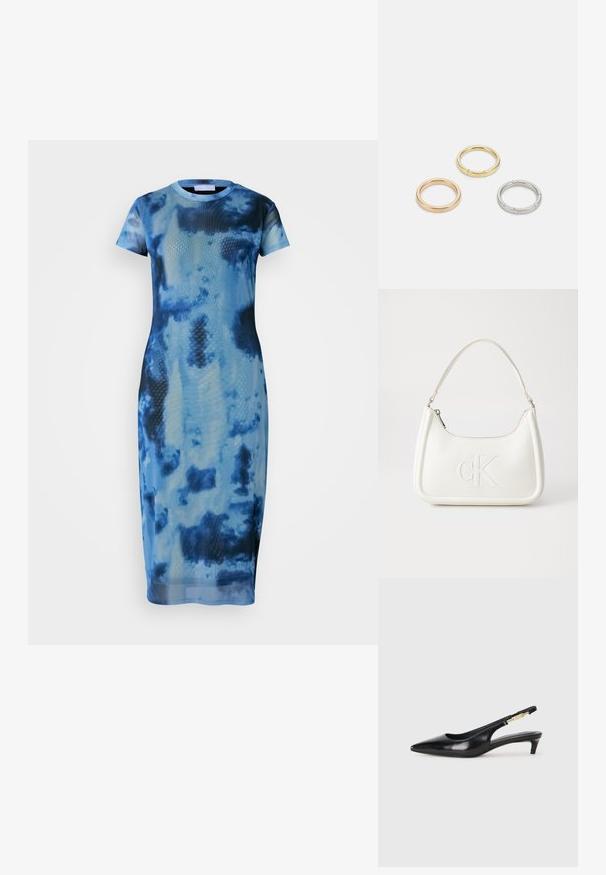Vestido midi de tie-dye azul hecho de tejido ligero, con mangas cortas, un escote redondo y una silueta ajustada con una textura suave.; Tacones negros de piel sintética tipo slingback con punta afilada, que cuentan con un tacón delgado y un detalle en tono dorado en la correa ajustable. Textura suave.; Bolso de mano de cuero blanco con forma curvada, con un logo "CK" en relieve en la parte delantera y una sola correa para el hombro. Cierre de cremallera en la parte superior.; Tres anillos de metal: uno de oro rosado, uno de oro con acentos texturizados y uno de plata, todos con marcas grabadas en la parte interior.