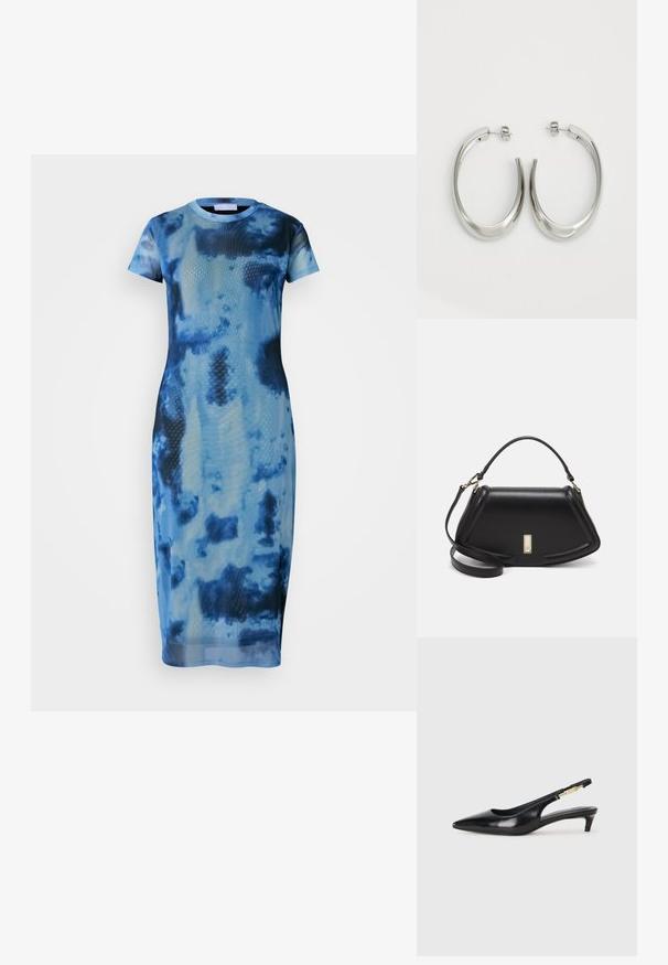 Robe midi en tie-dye bleu, fabriquée en tissu léger, avec des manches courtes, un col rond et une silhouette ajustée avec une texture lisse.; Talons hauts en cuir noir avec un bout pointu, dotés d'un talon fin et d'un accent en ton or sur la lanière réglable. Texture lisse.; Sac à main en cuir noir avec un design structuré, featuring une forme cropped, une poignée supérieure et des accents en matériel doré. Bandoulière réglable incluse.; Boucles d'oreilles en argent avec un design lisse et courbé. Présentent une finition métallique brillante et une fermeture à clou. Pas de motifs ou d'accents visibles.