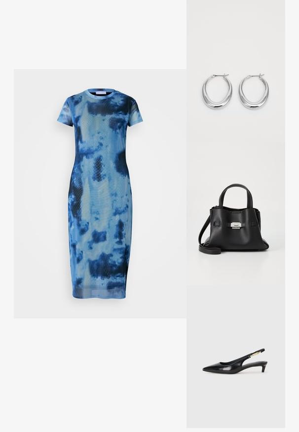Robe midi en tie-dye bleu, fabriquée en tissu léger, avec des manches courtes, un col rond et une silhouette ajustée avec une texture lisse.; Talons hauts en cuir noir avec un bout pointu, dotés d'un talon fin et d'un accent en ton or sur la lanière réglable. Texture lisse.; Sac à main en cuir noir avec une finition texturée, doté de deux poignées supérieures, d'une bandoulière amovible et d'un détail de fermoir en argent.; Une paire de boucles d'oreilles en croissant en argent poli avec des fermoirs à charnière sur un fond blanc.