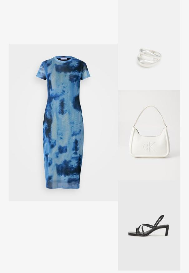 Vestido midi de tie-dye azul hecho de tejido ligero, con mangas cortas, un escote redondo y una silueta ajustada con una textura suave.; Sandalia negra de tiras con punta cuadrada y tacón bajo de bloque. Presenta múltiples tiras delgadas y una correa ajustable en el tobillo. Fabricada en cuero suave.; Bolso de mano de cuero blanco con forma curvada, con un logo "CK" en relieve en la parte delantera y una sola correa para el hombro. Cierre de cremallera en la parte superior.; Anillo de plata de doble banda con una superficie lisa y pulida. Presenta un diseño fluido y curvado con secciones superpuestas para un aspecto moderno.