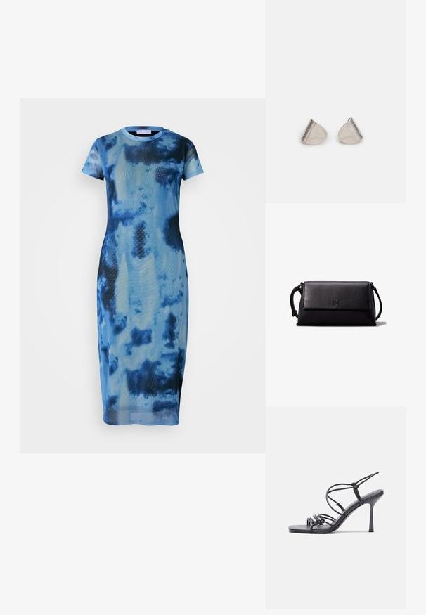 Blue tie-dye midi dress made of lightweight fabric, featuring short sleeves, a round neckline, and a fitted silhouette with a smooth texture.; Black high-heeled sandals feature thin straps with a knotted design, a smooth square toe, and a sleek stiletto heel.; Black leather clutch bag with a rectangular shape, smooth texture, a flat flap closure, and a small handle on the side. Features subtle logo.; Silver metal earrings with a smooth, teardrop shape and a polished finish. Subtle engravings add detail. Minimalist design.