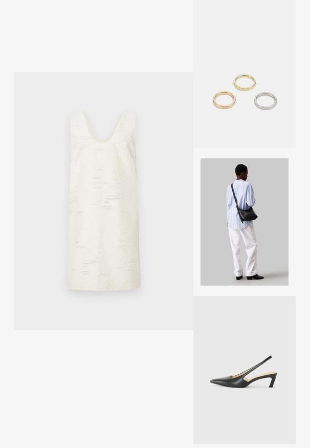 Biała sukienka bez rękawów z dekoltem w kształcie litery U, z fakturowaną powierzchnią o subtelnych, nieregularnych wzorach. Gładki materiał, do kolan.; Czarny but na obcasie typu slingback z ostro zakończonym noskiem, z niskim obcasem, wykonany z gładkiej skóry, z wycięciem po boku dla lepszej wentylacji.; Czarna skórzana torba na ramię o miękkiej fakturze, w kształcie trójkąta, z regulowanym paskiem, połączona z jasnoniebieską koszulą w paski i białymi spodniami.; Trzy metalowe pierścienie: jeden w różowym złocie, jeden złoty z teksturowanymi akcentami, oraz jeden srebrny, wszystkie z wygrawerowanym brandingiem na wewnętrznej stronie.