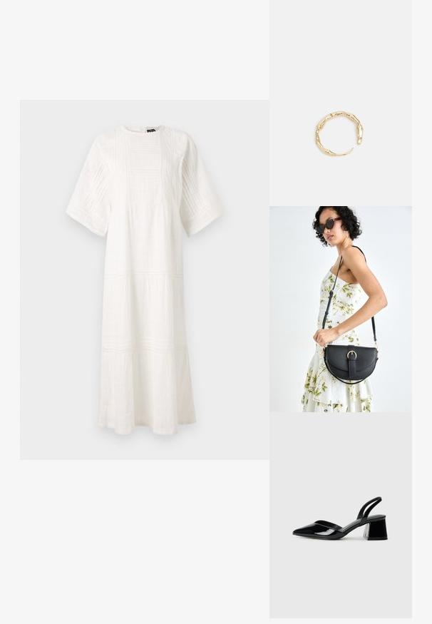 Valkoinen puuvillamekko, jossa on pyöreä kaula-aukko, lyhyet hihat, teksturoituja kuvioita ja kerrostettu muotoilu, jossa on pitsireunus helmassa.; Mustat patentoitu nahkakengät, joissa on säären takaosa ja terävä kärki, sekä geometrinen palikkakorko. Sisältää tyylikkään, minimalistisen muotoilun ja sileän pinnan.; Musta nahkainen käsilaukku, joka on kaareva muotoilultaan, irrotettavalla hihnalla ja kultaisilla yksityiskohdilla. Laukussa on läppä, jossa on solk yksityiskohta.; Kultaketju, jossa on orgaaninen, kierretty muotoilu, sileä pinta ja cappatut päät, luoden modernin, veistoksellisen ilmeen.