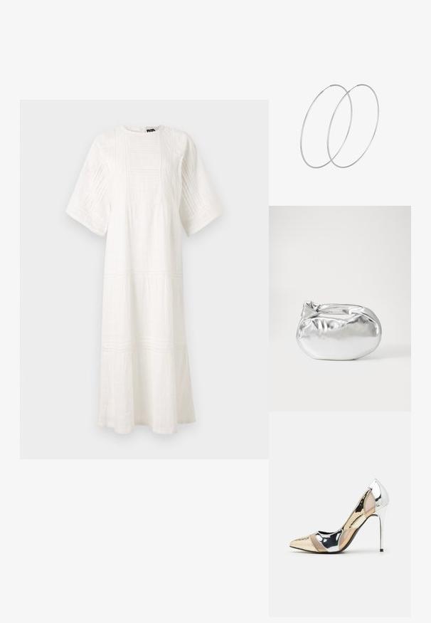 Bela bombažna obleka z okroglo odprtino za vrat, kratkimi rokavi, teksturiranimi vzorci in plastnim dizajnom z čipkastim robom.; Čevlji z visoko peto in konico, v barvni kombinaciji srebrne, zlate in nude. Sijajna obdelava z izrezljanim dizajnom, z igličasto peto.; Srebrna kovinska torbica z mehko, zaobljeno obliko in zavezano zgornjo zaporo. Narejena iz gladkega umetnega usnja.; Srebrne uhane v obliki obroča z minimalističnim dizajnom. Krožna oblika, gladka tekstura in tanek profil. Lahki s poliranim zaključkom.