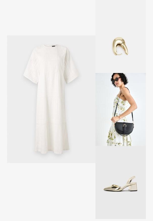 Biała bawełniana sukienka z okrągłym dekoltem, krótkimi rękawami, teksturowanymi wzorami oraz warstwowym krojem z koronkowym wykończeniem na dole.; Złote, metaliczne szpilki z boku z wydłużonym noskiem i grubym obcasem. Gładka faktura, minimalistyczny design i wąski pasek.; Czarna skórzana torebka o zakrzywionym kształcie, z odpinanym paskiem i złotymi akcentami. Torebka posiada klapę z zapięciem w kształcie klamry.; Złote metalowe kolczyki o eleganckim, zakrzywionym kształcie. Posiadają charakterystyczny szpiczasty kształt, polerowaną powierzchnię oraz zapięcie na zawias.