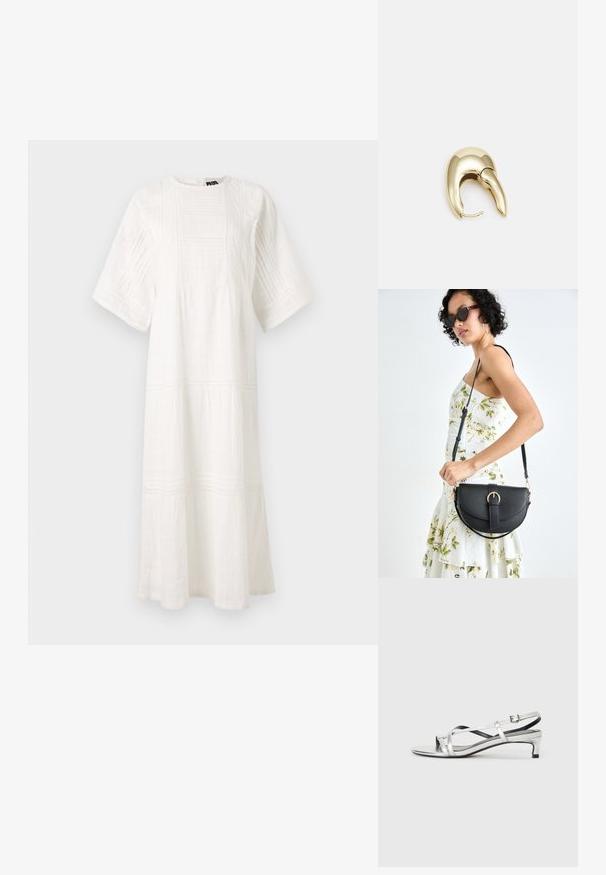 Bela bombažna obleka z okroglo odprtino za vrat, kratkimi rokavi, teksturiranimi vzorci in plastnim dizajnom z čipkastim robom.; Srebrne metalne sandale na peto s crisscross naramnicami in gladko teksturo. Minimalističen dizajn.; Črna usnjena torbica s ukrivljeno obliko, z odstranljivo naramnico in zlatimi dodatki. Torbica ima pokrov s podrobnostmi v obliki zaponke.; Uhane nakit iz zlatastega tona z gladko, ukrivljeno zasnovo. Ima edinstveno koničasto obliko, polirano površino in zaponko s tečajem.