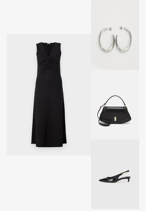 Czarna sukienka bez rękawów z dekoltem w kształcie litery V, marszczonym detalem w okolicy biustu oraz zwiewną sylwetką sięgającą do kostek. Gładka struktura materiału.; Czarne skórzane szpilki typu slingback z ostrym noskiem, posiadające smukły obcas i złoty akcent na regulowanym pasku. Gładka tekstura.; Czarna skórzana torebka o strukturalnym designie, z przyciętą formą, górnym uchwytem i złotymi akcentami. W zestawie regulowany pasek na ramię.; Srebrne kolczyki-hoop o gładkim, zakrzywionym designie. Posiadają błyszczące metaliczne wykończenie i zapięcie na sztyft. Brak widocznych wzorów lub akcentów.