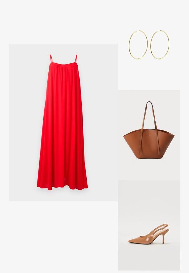 Robe maxi rouge avec de fines bretelles spaghetti, une coupe ample et un col froncé. Le tissu semble léger et fluide, adapté aux temps chauds.; Escarpin à talon slingback à bout pointu en matériau beige lisse et brillant. Présente un design de découpes courbées et un talon aiguille fin. Détail de boucle en argent.; Sac fourre-tout en cuir marron avec une forme large et structurée, des poignées fines et une finition texturée. Présente un design minimaliste sans matériel visible.; Boucles d'oreilles en or en forme de créole lisse et arrondie. Fines et légères, elles présentent une boucle continue sans aucune ornementation.