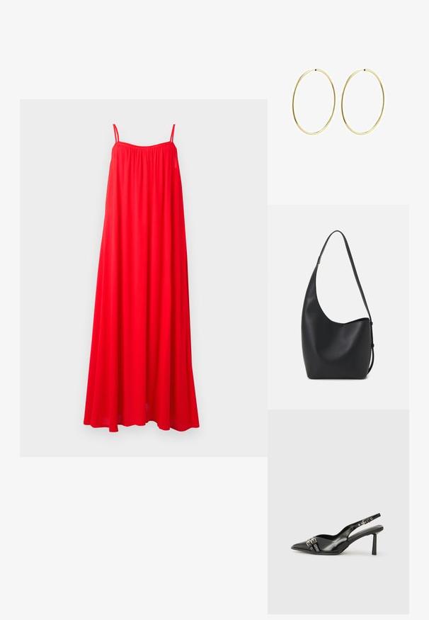 Raudona maxi suknelė su plonyčiais petnešomis, laisvu pjaustymu ir susirinkusia apykakle. Audinys atrodo lengvas ir plazdantis, tinkamas šiltam oru.; Juodas lakuotas odinis batelis su smailiu pirštu, kulkšnies dirželiais su sidabrinėmis sagtimis ir detalėmis, bei plonu kulnu.; Juodas odinis hobo maišas su lygiu paviršiumi, kreipta forma ir viena reguliuojama rankena; turi platų atidarymą viršuje.; Aukso žiediniai auskarai su lygiu, suapvalintu dizainu. Ploni ir lengvi, su nuolatiniu kilpeliu be jokio papuošimo.