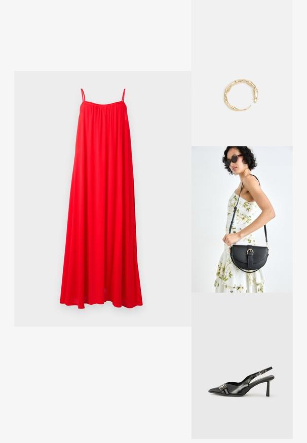 Rotes Maxikleid mit dünnen Spaghetti-Trägern, lockerer Passform und gerafftem Ausschnitt. Der Stoff wirkt leicht und luftig, ideal für warmes Wetter.; Schwarzer Lackleder Slingback-Schuh mit spitzem Zehenbereich, Knöchelriemen mit silbernen Schnallen und Beschlägen sowie einem schlanken Absatz.; Schwarze Lederhandtasche mit geschwungener Form, abnehmbarem Tragegurt und goldenen Beschlägen. Die Tasche verfügt über einen Deckel mit einer Schnallen-Details.; Goldfarbener Ring mit einem organischen, gedrehten Design, glatter Oberfläche und sich verjüngenden Enden, was ein modernes, skulpturales Erscheinungsbild erzeugt.