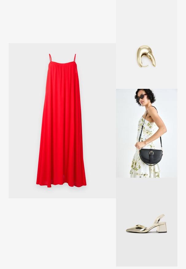 Rotes Maxikleid mit dünnen Spaghetti-Trägern, lockerer Passform und gerafftem Ausschnitt. Der Stoff wirkt leicht und luftig, ideal für warmes Wetter.; Goldene, metallische Slingback-Absätze mit spitzem Zeh und dicker Ferse. Glatte Textur, minimalistisches Design und ein schmaler Riemen.; Schwarze Lederhandtasche mit geschwungener Form, abnehmbarem Tragegurt und goldenen Beschlägen. Die Tasche verfügt über einen Deckel mit einer Schnallen-Details.; Ohrringe aus goldfarbenem Metall mit einem schlanken, geschwungenen Design. Sie verfügen über eine markante, spitze Form, eine polierte Oberfläche und einen Scharnierverschluss.