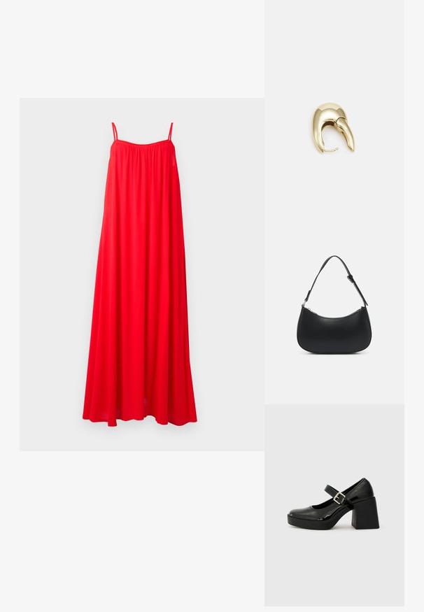 Rød maxi-kjole med tynde stropper, løs pasform og en rynket halsudskæring. Stoffet ser let og svævende ud, velegnet til varmt vejr.; Sorte patentlæder Mary Jane hæle med rund tå, bred blokhæl, justerbar spænde og tekstureret sål.; Pieces PCALUANA SHOULDER BAG - Håndtasker - black; Guldtonet metal ørering med et slankt, buet design. Har en karakteristisk spids form, poleret overflade og hængselåbning.