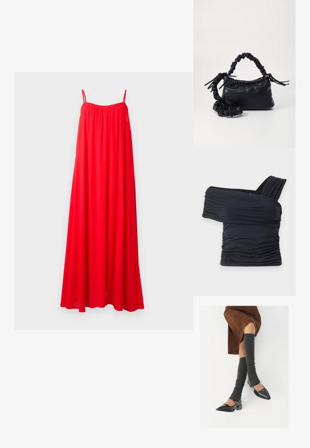 Red maxi dress with thin spaghetti straps, a loose fit, and a gathered neckline. The fabric appears light and flowy, suitable for warm weather.; Black off-shoulder top made from soft, stretchy fabric, featuring ruched details and a wide strap design on one side.; Black patent leather pointed-toe shoes with a block heel and ankle strap, paired with gray ribbed leg warmers and a brown suede skirt.; Black faux leather handbag with a crocodile texture, cinched top, and a scrunched strap. Appears soft and compact in design.