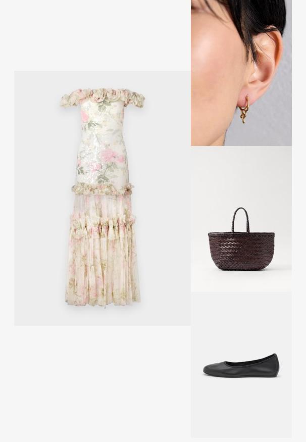 Õlavarrelt vaba kleit lilleline sädelev ülaosa, kihiline läbipaistev kangas seelik, volangakujud ja heledad värvid roosa ja rohelise tooniga.; Musthave mustika tantsutossud mustast nahast, ümmarguse varbaga, siledast tekstuurist, minimaalse õmblusdetailiga ja paindliku tallakujundusega.; DRAGON DIFFUSION BAMBOO TRIPLE JUMP SMALL - Käekott - dark brown; Kuldne rõngas kõrvarõngas orgaanilise ja voolava disainiga, millel on tekstureeritud aktsendid ja sile pind, kantud läbistatud kõrvus.