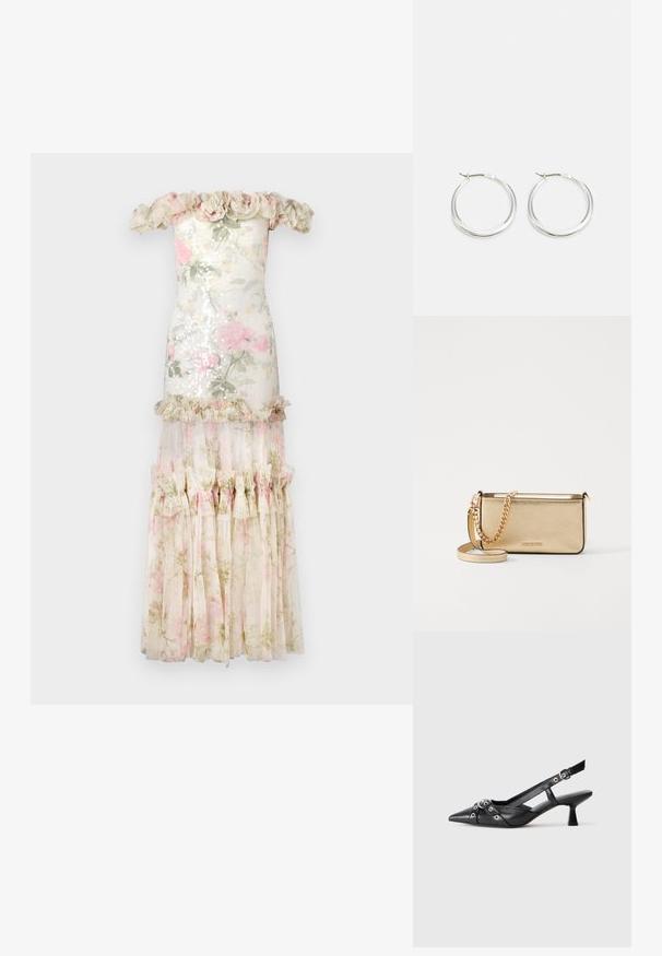 Rochie cu umeri descoperiți, cu un superior din sequins florale, fustă din material transparent stratificat, accente cu volane și culori deschise, prezentând nuanțe de roz și verde.; Pantofii slingback din piele neagră, cu vârful ascuțit, curele decorative cu ochiuri din metal și toc bloc mic. Suprafață texturată.; Clutch din piele aurie metalizată, cu un finisaj texturat, având o curea din lanț aurie și o curea pentru umăr detașabilă. Logo-ul brandului embosat.; Cercei rotunzi din argint prezintă un design neted și rotunjit, cu un profil subțire și un sistem de prindere sigur. Stil minimalist cu un finisaj lucios.