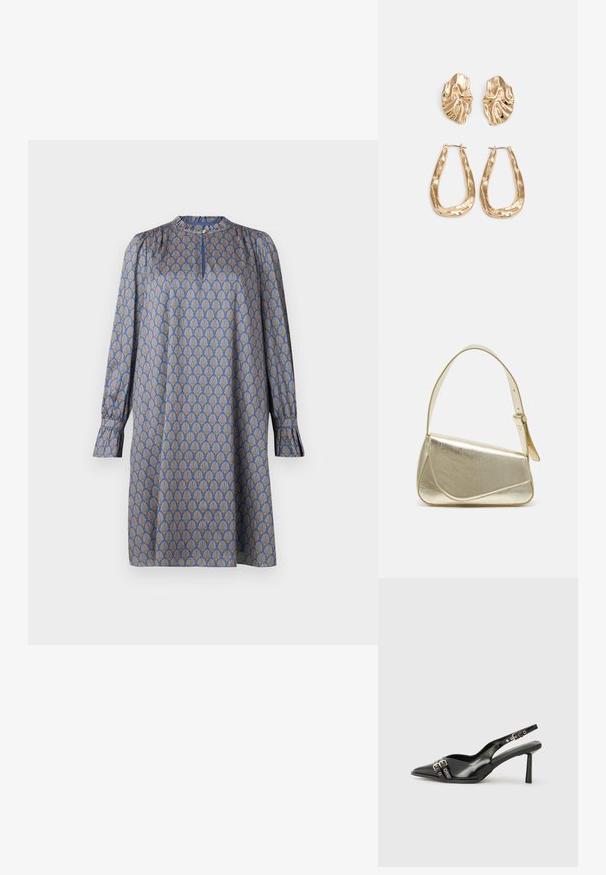Robe à manches longues en tissu bleu avec un motif jaune répétitif de coquillages stylisés. Elle dispose d'un décolleté arrondi et de manches froncées.; Chaussure slingback en cuir verni noir avec un embout pointu, des brides de cheville avec des boucles en argent et des éléments en métal, et un talon fin.; Sac à main en métal doré avec un design structuré, texture lisse et bandoulière ajustable. Présente une forme triangulaire unique et des coutures minimalistes.; Boucles d'oreilles dorées présentant des formes texturées et ondulées. Comprend des clips sculpturaux et un design de créoles ouvertes avec une finition martelée.