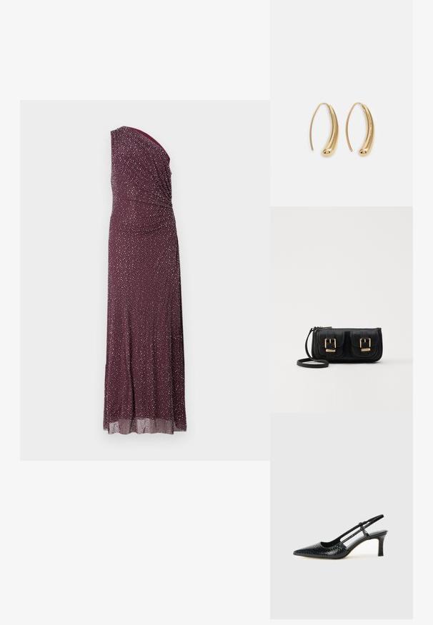 Eén-schouder, vloerlange jurk in diep bordeaux met geplooide textuur en zilveren stipaccenten, gemaakt van een lichtgewicht, vloeiende stof.; Zwart patent slingback hak met een spitse neus, voorzien van een gestructureerde slangenprint, verstelbare band en een korte, gestructureerde blokhak.; Zwarte leren schoudertas met twee vo pockets, gouden gespen, ritsluiting en een smalle band. Tekstuur oppervlak en compacte rechthoekige vorm.; Gouden metalen oorbellen in de vorm van een gebogen, verlengde hoop. Kenmerkend zijn het gladde, glanzende oppervlak en de afgeronde punt voor extra detail.