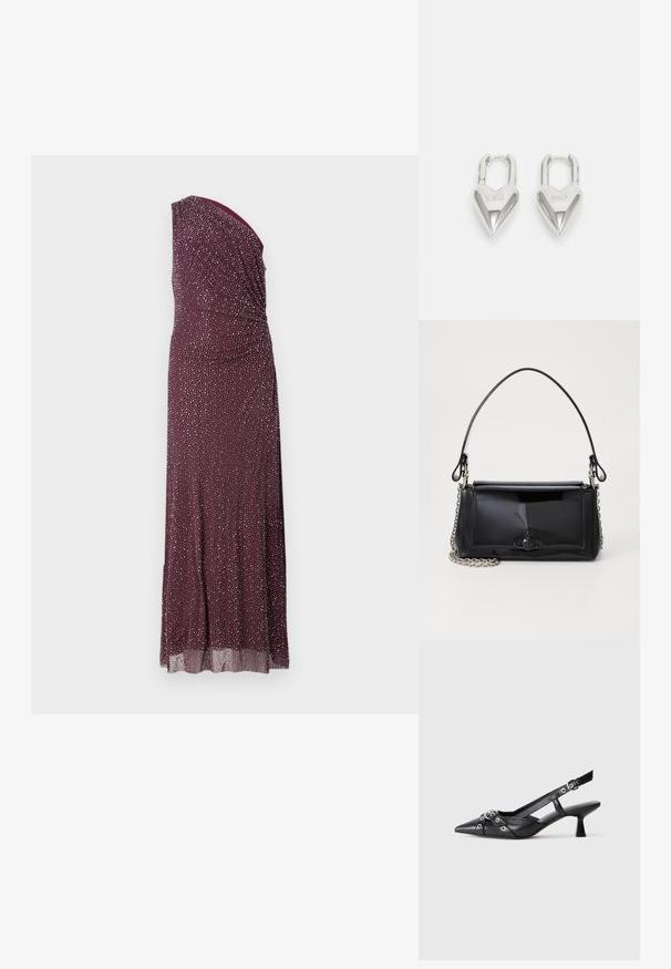 Vartalon yksi olka, lattiaan asti ulottuva mekko syvästä viininpunaisesta väristä, jossa on rypytetty rakenne ja hopeiset pistekoristeet. Valmistettu kevyestä, valuvalta tuntuvasta kankaasta.; Mustat nahkakengät, joissa on avonainen takaosa ja kärjessä terävä muoto, koristevyöt, joissa on metalliset reiät, sekä matala lohkoepohja. Teksturoitu pinta.; Musta lakattu nahkalaukku suorakaiteen muotoisena, ketjuhihnalla ja erottuvalla varustusesineellä keskellä. Siveltimellinen pinta.; Hopeakuvioiset sydämen muotoiset rakkaussulkeet, joissa on kaiverrettu "KYLLÄ" ja "EI" -tekstit, kiiltävä pinta, symmetrinen muotoilu ja kestävä metalliovi.