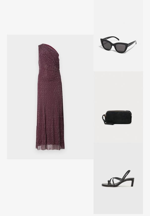 Rochie lungă până la podea, cu un singur umăr, într-o nuanță profundă de burgund, cu textură pliată și accente de puncte argintii, realizată dintr-un material ușor și fluid.; Sandal cu barete negre, cu vârf pătrat și toc mic de bloc. Prezintă mai multe barete subțiri și o bareta ajustabilă la gleznă. Fabricat din piele netedă.; Ochelari de soare negri, forma cat-eye, cu un finisaj mat, având lentile gri și unghiuri ascuțite, precum și brațe laterale elegante. Numele brandului este vizibil pe brațul interior.; Geantă de mână din suede negru, cu închidere cu fermoar și bretea detașabilă pentru încheietura mâinii. Dispune de accesorii din metal aurit și o textură netedă, mată.