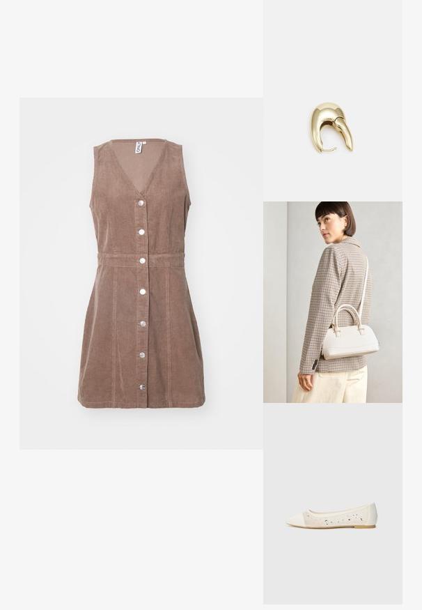 Ruda velveto suknelė be rankovių su V formos iškirpte, priekyje mygtukų užsegimas ir juosmens raištis, pabrėžiantis figūrą. Subtilus griovelis.; Kreminės odos balerinos bateliai su skaidriu viršumi, dekoruoti išsibarsčiusiais kristalais. Minkštas padas užtikrina komfortą, minimalistinis dizainas.; Balta struktūruota rankinė su trumpomis rankenomis ir peties diržu, su auksinėmis detalėmis ir tekstūruota medžiaga, pastatyta prieš pilką foną.; Aukso tono metalinės auskarai su stilingu, kreiviu dizainu. Išsiskiria ryškiu smailiu pavidalu, poliruota paviršiumi ir užsegimu su vyriu.