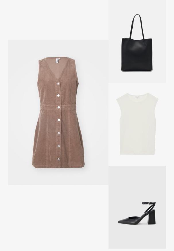 Abito senza maniche in corduroy marrone con scollatura a V, chiusura frontale a bottoni e una cintura in vita che valorizza la figura. Sublime texture a coste.; Top bianco senza maniche con scollatura rotonda. Realizzato in tessuto liscio, presenta una vestibilità rilassata e un design minimalista. Nessun motivo o accentuazione.; Pump in pelle nera con punta affusolata, cinturino alla caviglia e tacco spesso. Texture piatta, design elegante ed estetica minimalista.; Borsa tote in pelle nera con texture liscia, forma rettangolare e due manici lunghi. Nessun hardware o decorazione visibile.