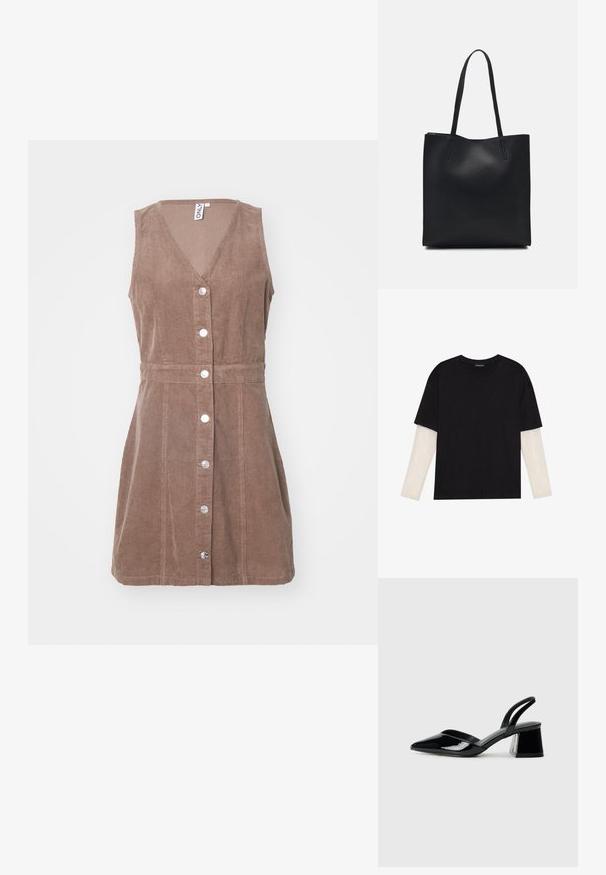 Abito senza maniche in corduroy marrone con scollatura a V, chiusura frontale a bottoni e una cintura in vita che valorizza la figura. Sublime texture a coste.; T-shirt nera in cotone con maniche corte sopra un sotto manica lunga bianca, caratterizzata da una sottile texture. Design con scollo rotondo.; Décolleté in vernice nera con punta affusolata e tacco in geometria cubica. Presentano un design elegante e minimalista, con una texture liscia.; Borsa tote in pelle nera con texture liscia, forma rettangolare e due manici lunghi. Nessun hardware o decorazione visibile.