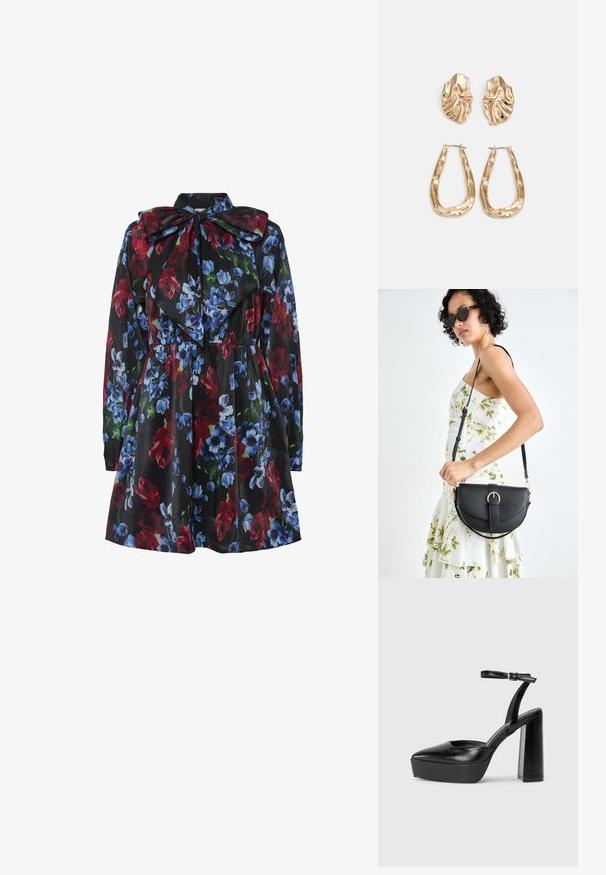 Vestido floral com fundo preto, apresentando flores vermelhas, azuis e verdes. Mangas longas e um grande detalhe de gola em laço.; Saltos altos pretos com bico fino e atilho ajustável no tornozelo. Confeccionados em couro suave, apresentam um salto bloco robusto.; Bolsa de couro preta com forma curva, alça destacável e detalhes em dourado. A bolsa possui uma aba com detalhe de fivela.; Brincos em tom de ouro com formas onduladas e texturizadas. Inclui studs escultóricos com presilha e um design de argola aberta com um acabamento martelado.