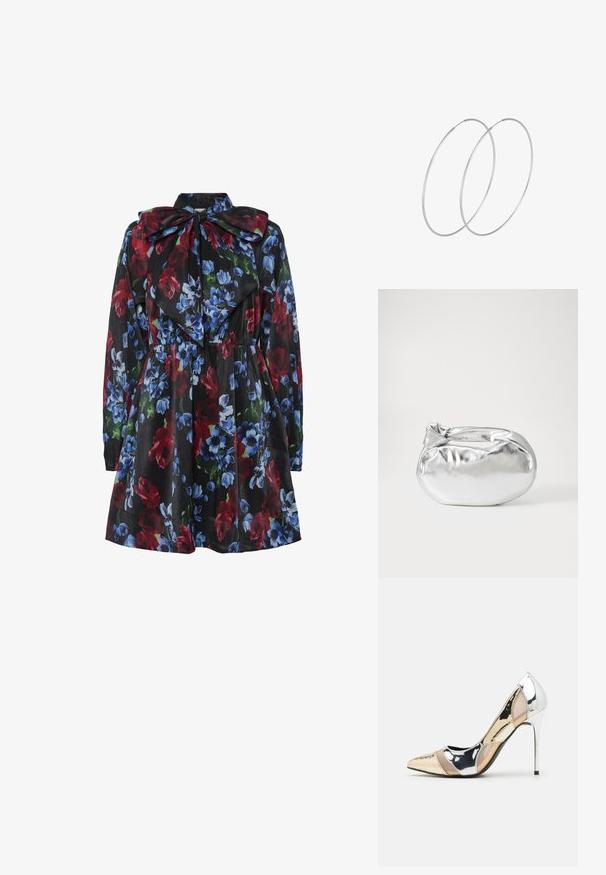 Ziedu kleita ar melnu fona, ar sarkaniem, ziliem un zaļiem ziediem. Garas piedurknes un liela loku apkakles detaļa.; Apspīlēta augstpapēžu kurpe ar zeltītu, sudrabi un neitrālu krāsu kombināciju. Spīguļojoša virsma ar izgriezuma dizainu, aprīkota ar stiletto papēdi.; Sudraba metāliska poga somiņa ar mīkstu, noapaļotu formu un mezgla augšējo aizdari. Izgatavota no gludas mākslīgās ādas materiāla.; Sudraba gredzenveida auskari ar minimālistisku dizainu. Cirkulāra forma, gluda tekstūra un plāns profils. Vieglu svaru ar spīdīgu apdari.