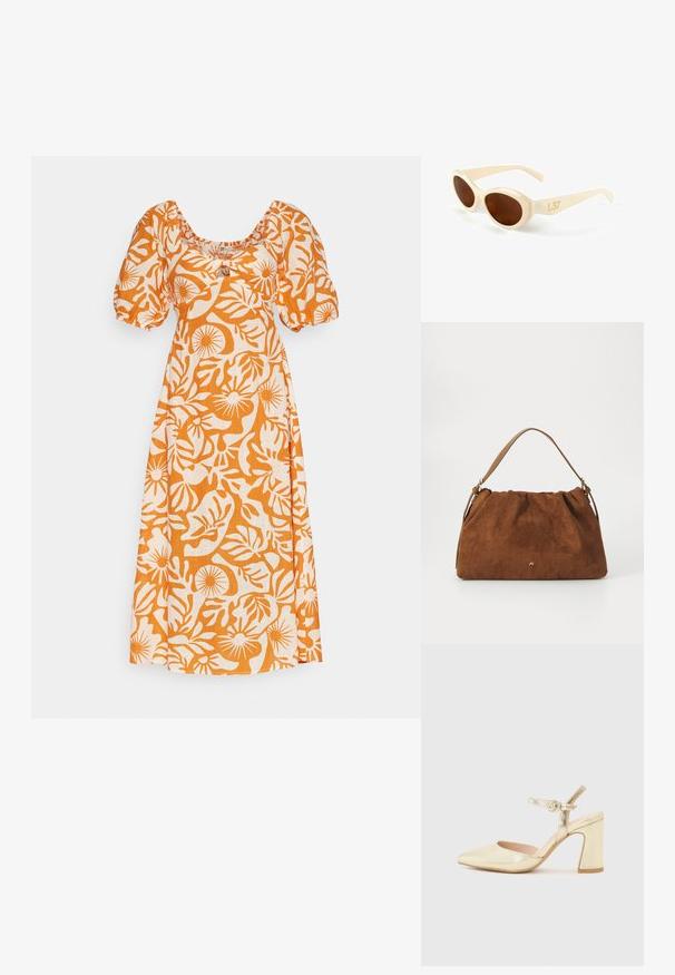 Orange og hvid blomsterprintet kjole med firkantet halsudskæring, korte pufærmer og en afslappet pasform. Fremstillet af letvægtsstof.; Guld metallic hælskande med spids tå, en ankelrem med en cirkulær spænde og design med kraftig hæl. Glat tekstur.; Cremefarvede plastiksunnies med ovale linser og brun tint. Har et diskret design, nummereret L37 i guld på stangen.; Brun ruskind handbag med en samlet design, der har en enkelt tan læderstrop og en subtil guld logo detalje på fronten.