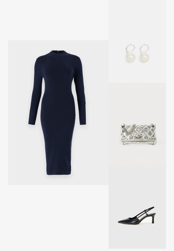 Vestido midi justo em azul marinho, com mangas longas e gola alta. Feito de um tecido suave, apresenta uma textura sutil e sem acessórios visíveis.; Salto slingback em patente preta com bico apontado, apresentando um padrão de pele de cobra texturizado, tira ajustável e um salto bloco curto e texturizado.; Bolsa metálica prateada com pega de corrente, textura acolchoada, costura decorativa e fecho com ziper. Apresenta detalhes em relevo na parte frontal.; Brincos de pérola com superfície polida, apresentando um fecho de alavanca em tom prateado e pérolas brancas em forma redonda. Design simples e clássico.
