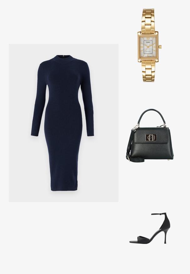 Granatowa, dopasowana sukienka midi z długimi rękawami i wysokim kołnierzem. Wykonana z gładkiego materiału, ma subtelną teksturę i nie widoczne elementy metalowe.; Mango - Sandały na obcasie; Czarna torebka skórzana o teksturowanym wykończeniu z wyraźnym kształtem, wyposażona w górny uchwyt, odpinany pasek na ramię oraz zapięcie z logo w kolorze złotym.; Złoty prostokątny zegarek na nadgarstek z białą tarczą, srebrnymi znacznikami godzin i wytrzymałym metalowym bransoletą. Wbudowana funkcja wodoodporna.