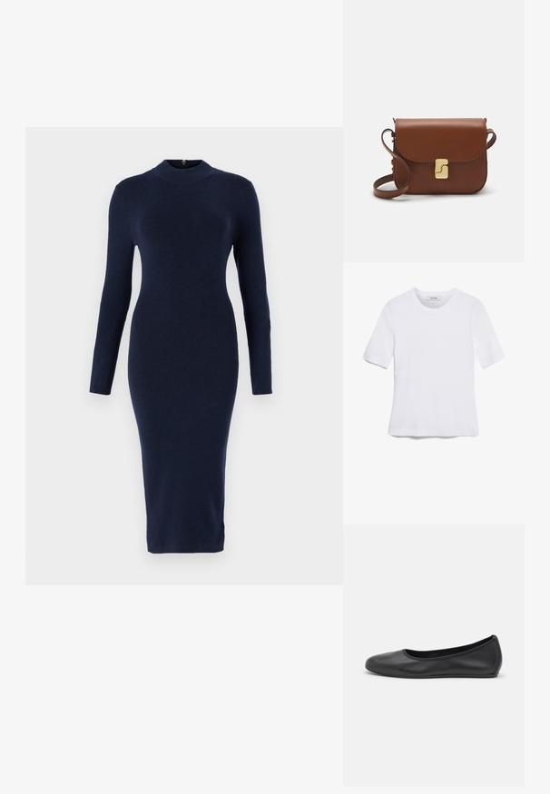 Robe midi bleu marine, ajustée, avec manches longues et col haut. Fabriquée en tissu lisse, elle possède une texture subtile et aucun matériel visible.; T-shirt blanc à manches courtes en tissu côtelé. Col rond, coupe régulière et détails de couture subtils. Aucune motif ni graphique.; Ballerines en cuir noir avec un bout rond, texture lisse, détails de couture minimalistes et design de semelle flexible.; Sac à main en cuir marron avec une fermeture à rabat, des accents en métal doré, une bandoulière et une texture lisse. Forme rectangulaire compacte.