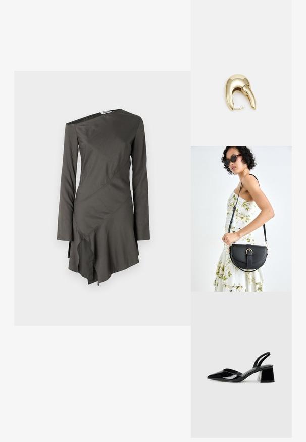 Asimetrična obleka z dolgimi rokavi v temno sivi barvi, izdelana iz gladkega materiala. Ima poševne šive in flared spodnji rob z nabranim robom.; Črne lakirane slingback pete s koničastim nosom in geometrijsko blokasto peto. Imajo eleganten, minimalističen dizajn in gladko teksturo.; Črna usnjena torbica s ukrivljeno obliko, z odstranljivo naramnico in zlatimi dodatki. Torbica ima pokrov s podrobnostmi v obliki zaponke.; Uhane nakit iz zlatastega tona z gladko, ukrivljeno zasnovo. Ima edinstveno koničasto obliko, polirano površino in zaponko s tečajem.