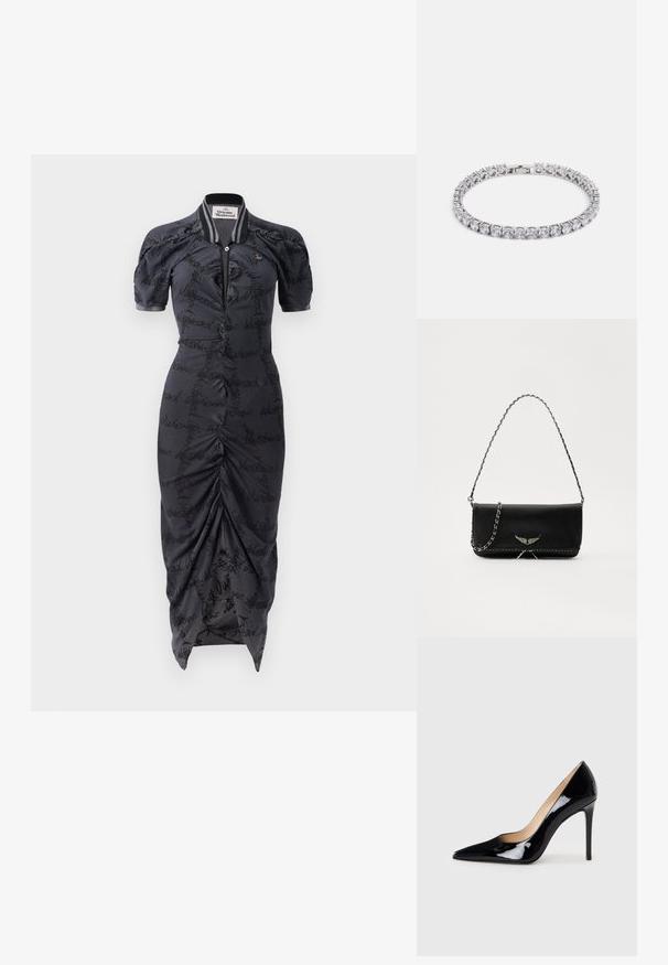 Svart klänning med draperad design och korta puffärm. Har krage, framknappar och ett mönster med "Vivienne Westwood" över hela. Midi-längd.; Svart lackläder högklackad pumpsko med spetstoppdesign och en slank silhuett. Har en mjuk, glänsande finish och en smal stilettklack.; Svart läderhandväska med en silverkedja, prydd med dekorativa vingdetaljer och vit sömnad längs den nedre sömmen.; Silverarmband med flera klara, runda och fyrkantiga kristaller i en symmetrisk mönstring med lås.