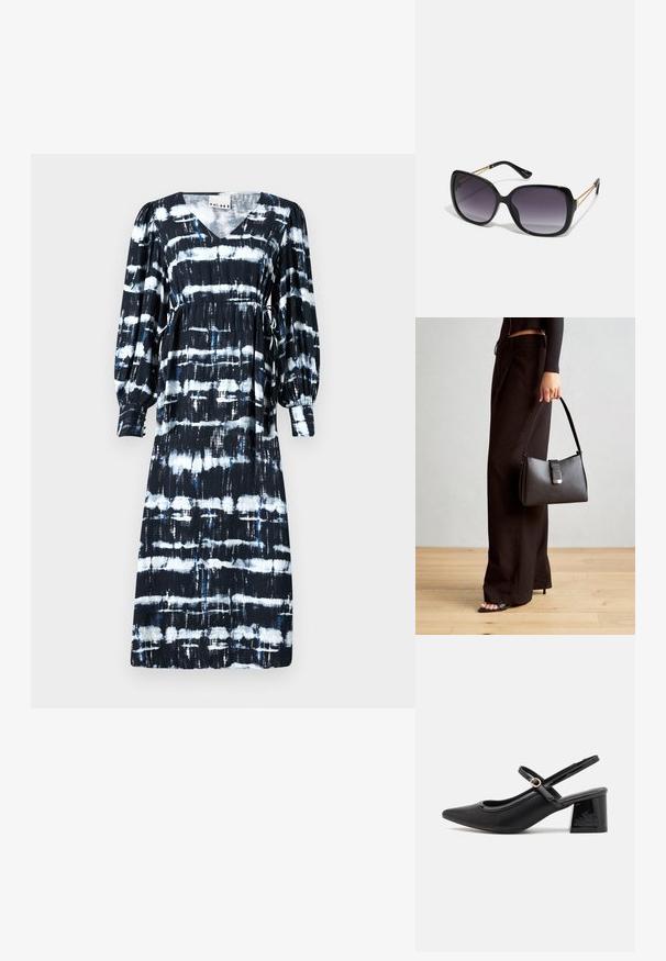 Melnbaltā svītraina kleita ar V-veida kakla izgriezumu, garām pūkainām piedurknēm, ar aukliņu jostasvietā un dažādām horizontālām rakstām ar ziliem akcentiem.; Melns patentēts ādas sandales ar norādīta pirksta formu, noapaļotu izgriezuma dizainu un bloķētu papēdi. Iezīmēta ar zelta toņa sprādzi.; Melni pārmērīgi lieli saulesbrilles ar gradāciju lēcām, biezām rāmja malām un zeltainas krāsas ķēžu detaļām uz tempļiem.; Melnā somiņa ar strukturētu formu, gludu tekstūru un metālu sprādzi. Saskaņota ar platām melnām biksēm un sandālēm ar atvērtu purngalu uz koka grīdas.