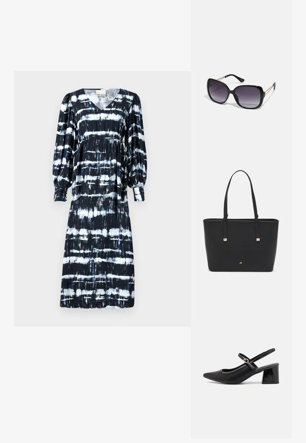 Mustat ja valkoiset raidalliset mekko, jossa on V-pääntie, pitkät puff-hihat, nyöritys vyötäröllä ja vaihtelevaa vaakakuviota, jossa on sinisiä yksityiskohtia.; Musta lakattu nahka slingback-korkokengät, joissa on terävä kärki, pyöreä aukko-muotoilu ja lohkokorko. Varustettu kultasävyisellä solkiyksityiskohdalla.; Mustat ylisuurten kehysten aurinkolasit, joissa on liukuväri-linssit, paksut kehykset ja kultasävyiset ketjustuskoristeet temppeleissä.; Mustat olkalaukku, joka on valmistettu synteettisestä materiaalista, yksinkertainen suorakulmainen muotoilu, kultaiset nelikulmaiset yksityiskohdat ja kaksoiskahvat.