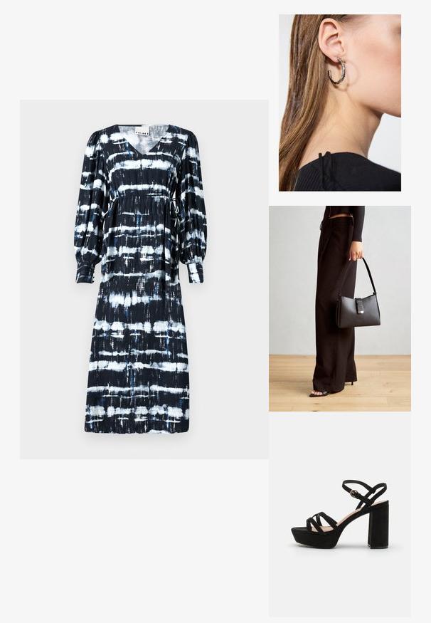 Svart og hvit stripet kjole med V-hals, lange pufferm, snøring i midjen og varierende horisontale mønstre med blå aksenter.; Sorte semskede plattformsandaler med bred klack, med krysslagte remmer og en spenne ved ankelen for en sikker passform.; Svart håndveske med strukturert form, jevn tekstur og metallisk lås. Kombinert med brede svarte bukser og sandaler med åpen tå på tregulv.; Sølv ringøredob med en polert finish, med små gull detaljer og en rund form, båret på øreflippen.