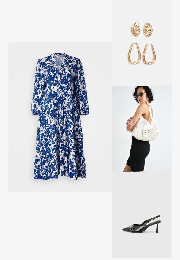 Rochie cu un tipar floral albastru și alb, cu mâneci lungi, decolteu în V, tiv cu volane în straturi și textură de țesătură moale.; Pantofii slingback din piele lăcuită neagră, cu vârf ascuțit, bretele pentru gleznă cu catarame și accesorii din argint, și un toc subțire.; Geantă de piele albă cu o formă curbată, curea reglabilă și un detaliu mic cu cataramă. Modelul poartă o ținută neagră ajustată.; Cercei aurii cu forme texturate și ondulate. Include studs sculpturale cu clip și un design de cerc deschis cu un finisaj cioplit.