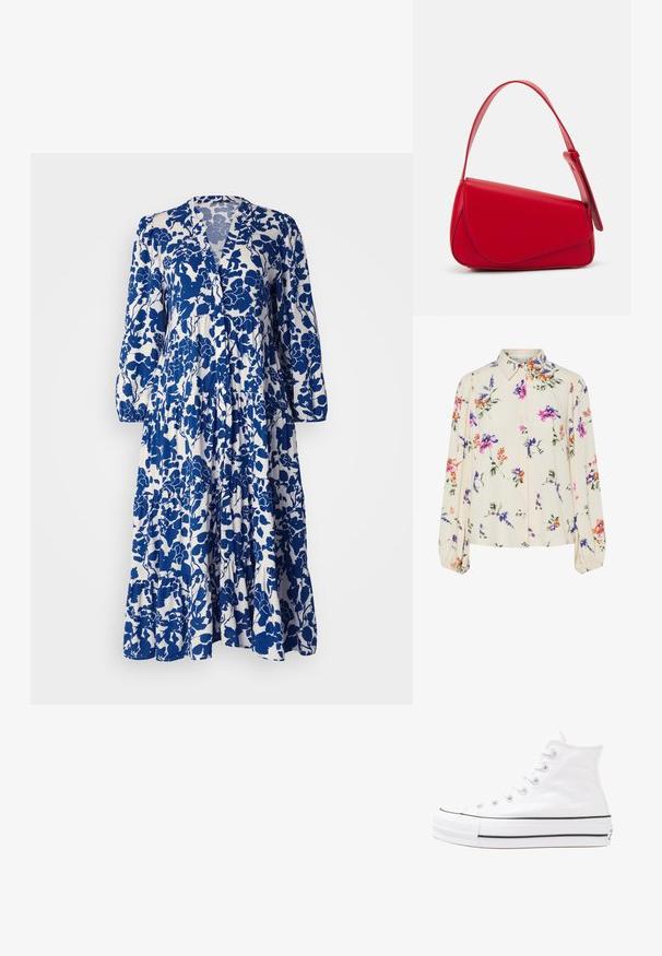 Robe à motif floral bleu et blanc avec des manches longues, décolleté en V, ourlet à volants superposés et texture de tissu douce.; Blouse fleurie à manches bouffantes longues, base crème clair, ornée de motifs floraux violets, oranges et verts, avec un col classique.; Baskets montantes en toile blanche avec semelle en caoutchouc noir, capuchon en caoutchouc à l'avant, et six œillets pour les lacets, présentant un design épuré et minimaliste.; Sac à main en cuir rouge avec un design angulaire et géométrique. Il dispose d'une seule sangle ajustable et d'une fermeture à rabat avec un detailing cousu.